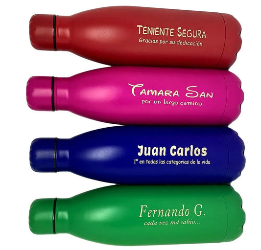 Botella de Agua Personalizada con texto imborrable. Incluye anilla con mosquetón para colgar - Regalo Grabado