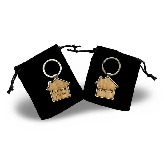 Pack de 2 Llaveros Casa Personalizados - Bambú y Metal - Regalo Grabado