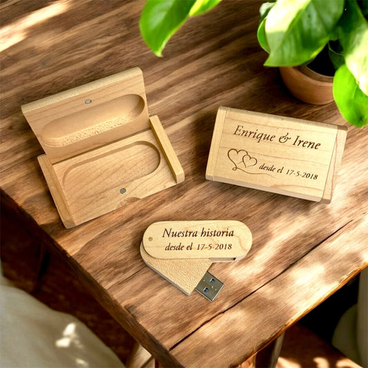 Pendrive Personalizado con Caja de Madera Natural | 32GB o 64GB USB 3.0