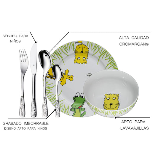 Cubiertos infantiles personalizados con vajilla Safari características