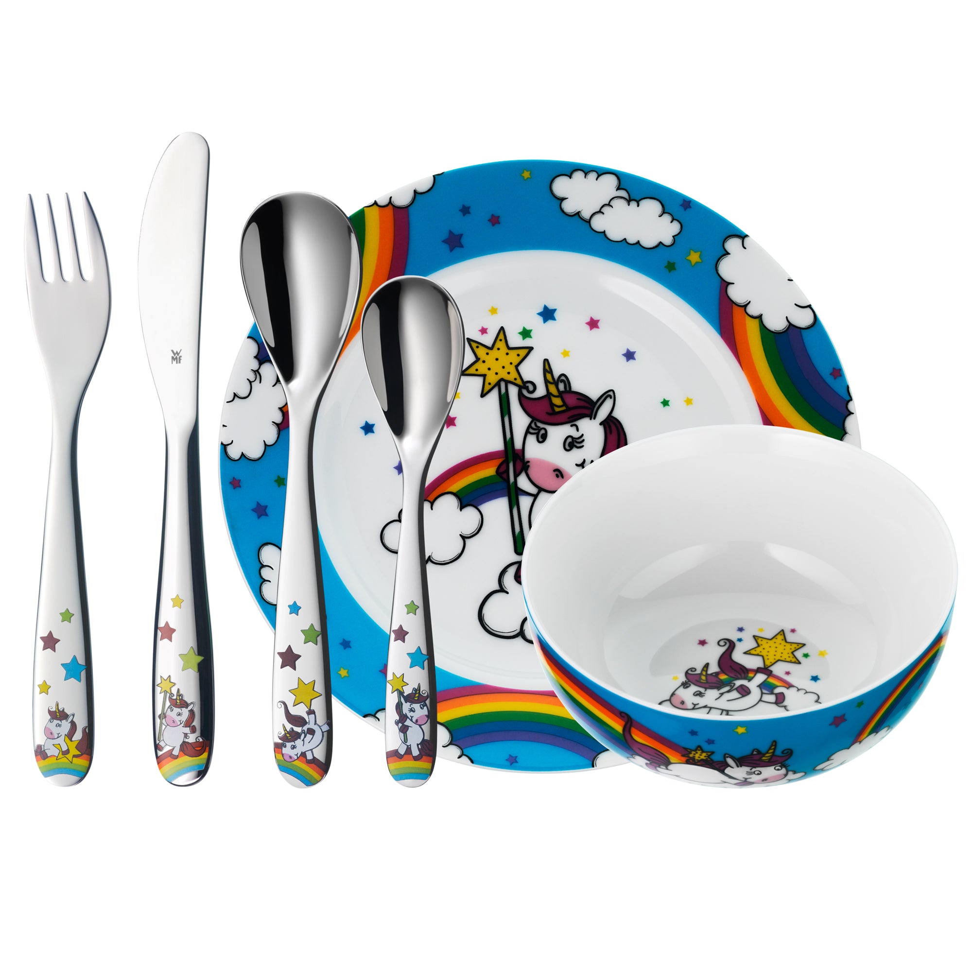 Cubiertos infantiles personalizados Unicornio con vajilla. 6 piezas