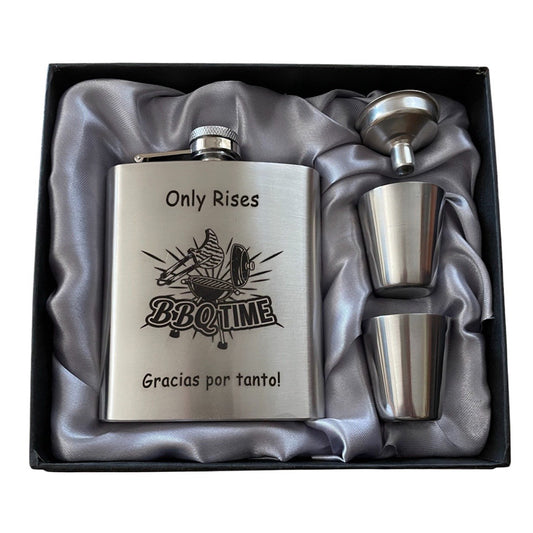 Flask with 2 glasses and funnel, Engraved with Text, Drawing, Logo