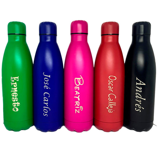 Personalized Water Bottle with indelible text. Includes ring with carabiner for hanging