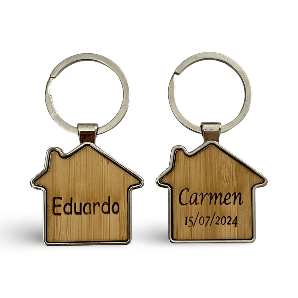 Pack de 2 Llaveros Casa Personalizados - Bambú y Metal - Regalo Grabado