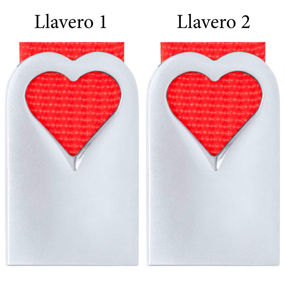 Pack de 2 Llaveros con forma de Corazón Personalizados - Aluminio Reciclado con Cinta Roja - Regalo Grabado