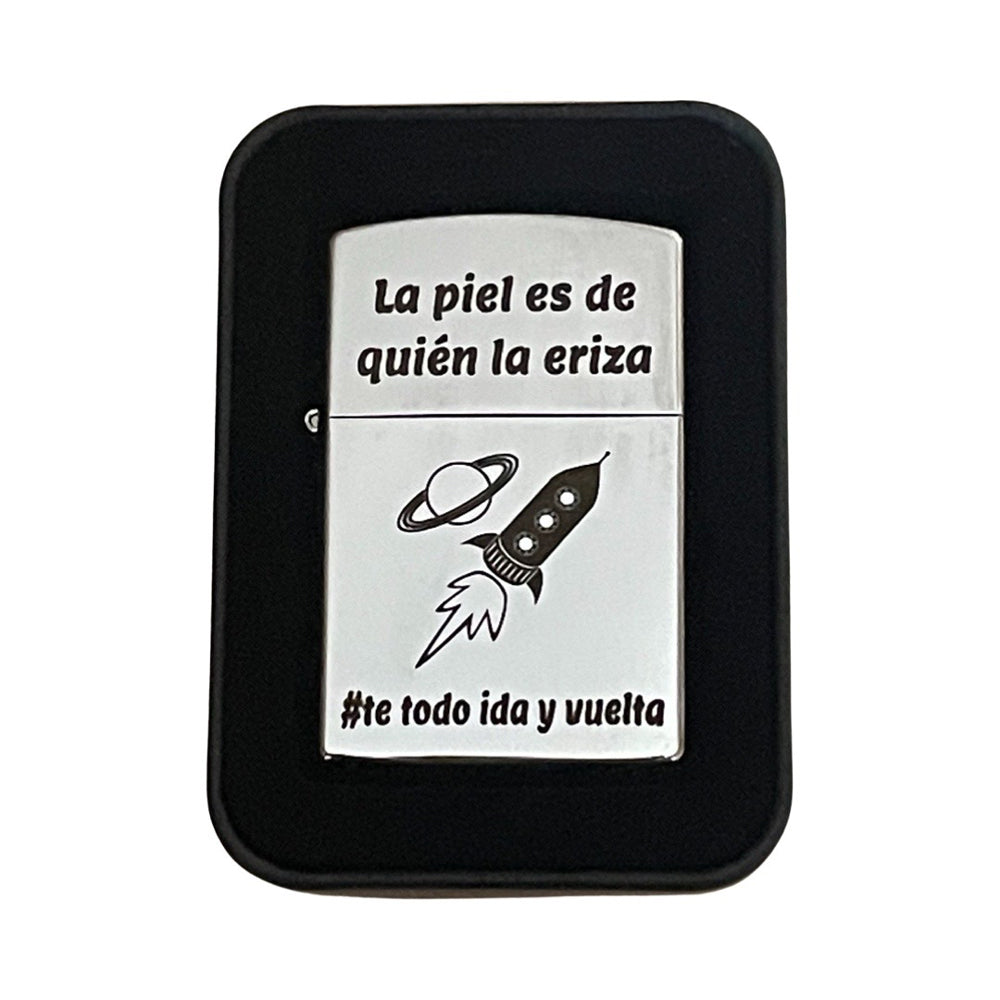 Zippo type gasoline lighter engraved with text, drawing or small logo