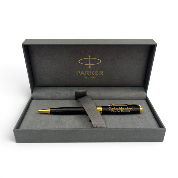 Bolígrafo Parker Sonnet personalizado negro y dorado en estuche de presentación premium Parker