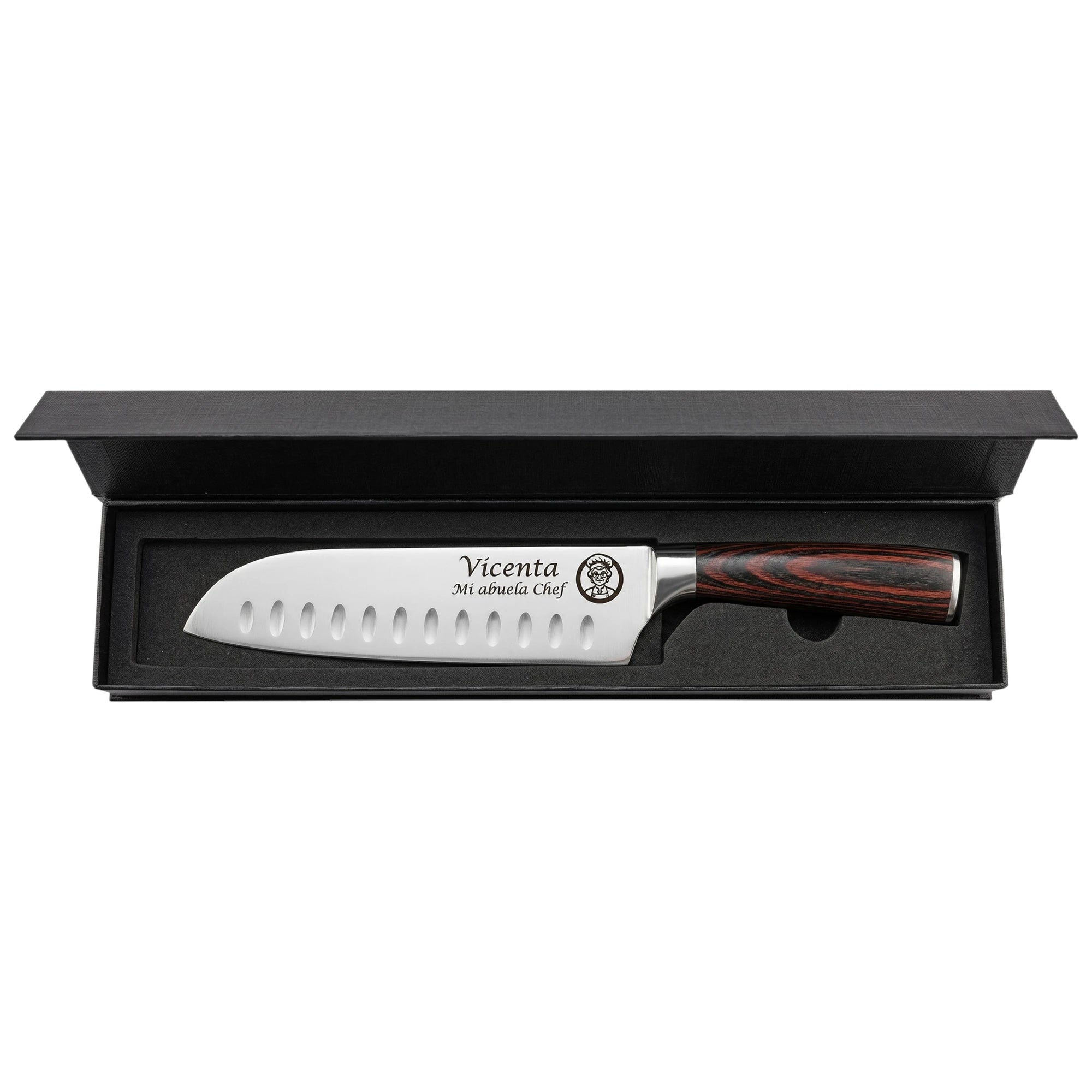 Cuchillo chef grabado en caja de presentación para un regalo especial