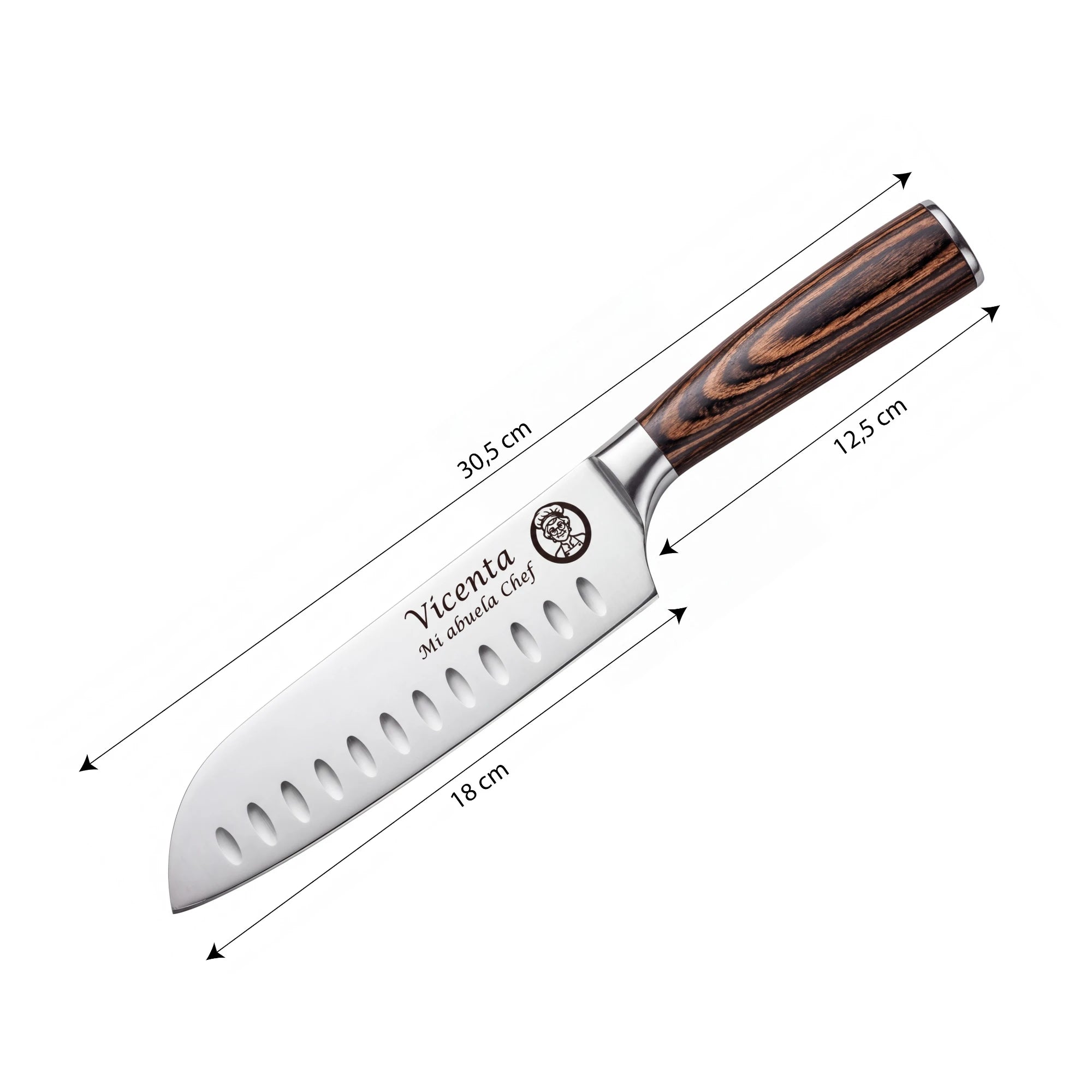 Medidas del cuchillo chef personalizado grabado en acero con mango madera pakka