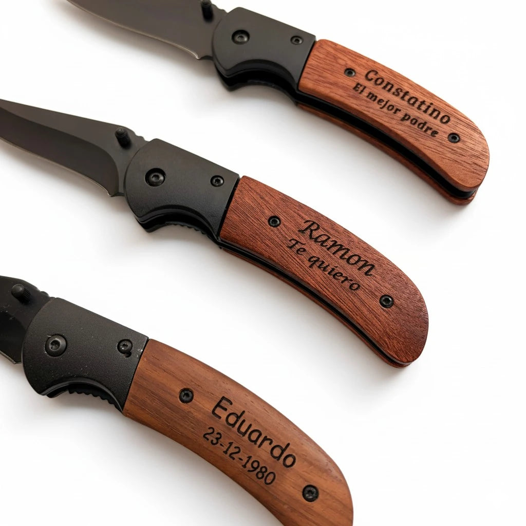 Navaja plegable personalizada fabrica en madera y acero parra regalo original