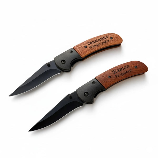 Navaja de Bolsillo Personalizada | Acero Inoxidable Color Negro y Madera