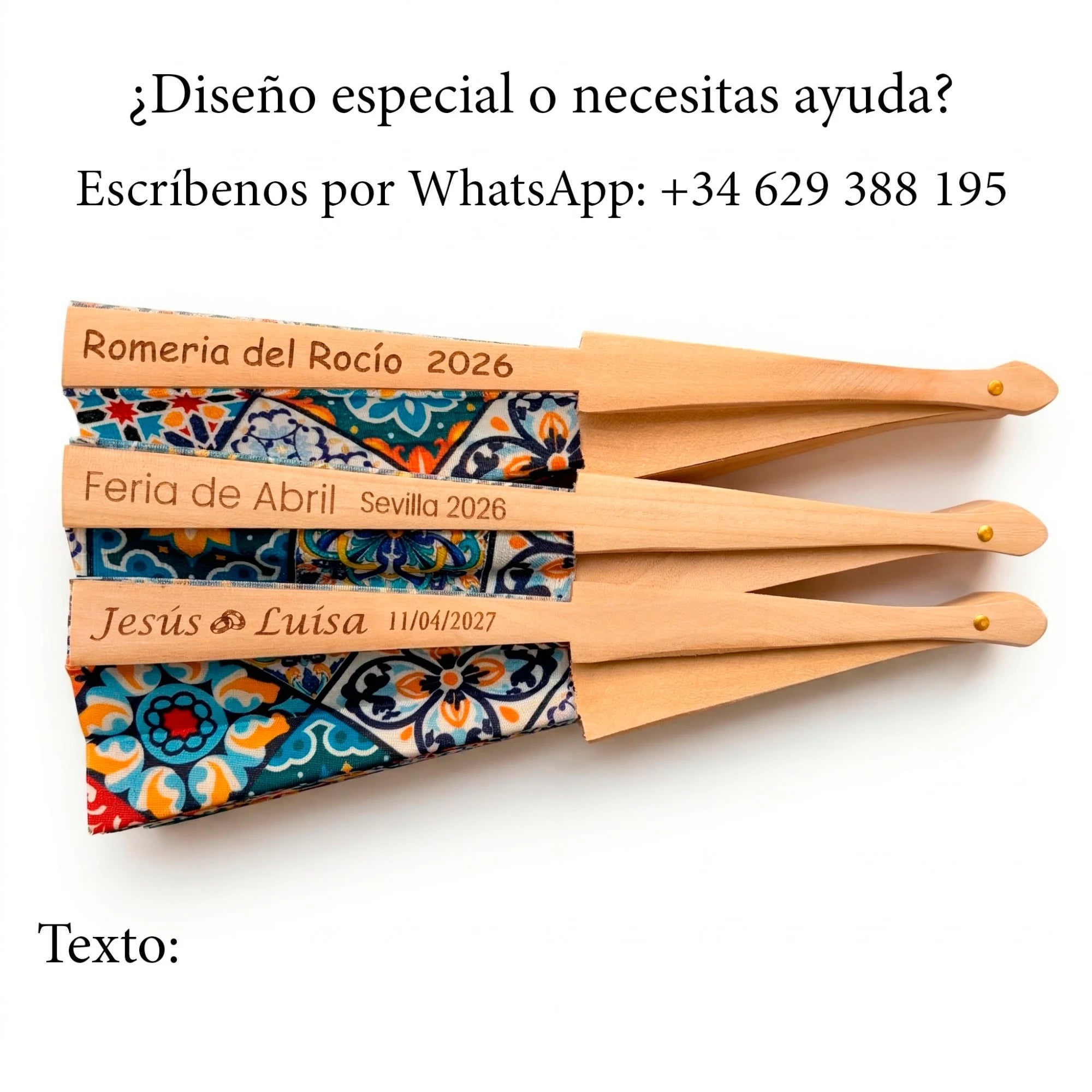 Personalización abanico grabado mosaico madera tela