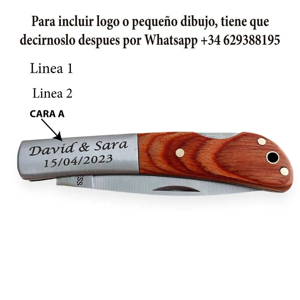 Personalización navaja grabada acero madera. Cara A