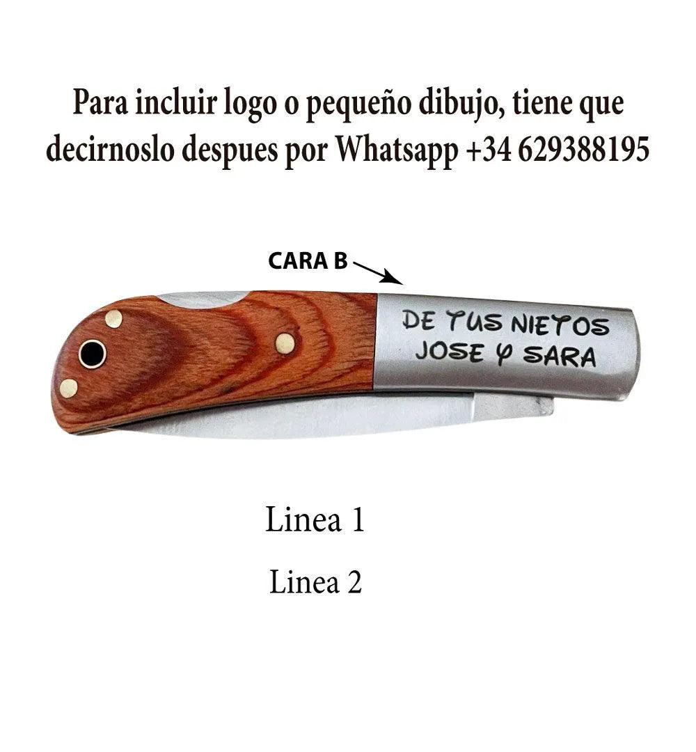 Personalización navaja grabada acero madera. Cara B