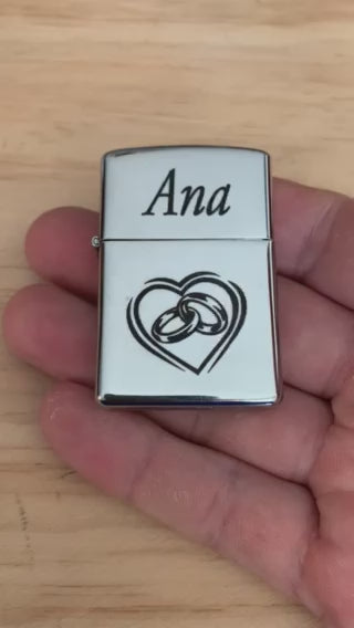 Zippo type gasoline lighter engraved with text, drawing or small logo